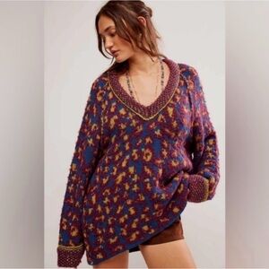 NWT Free People Little Animal Pullover Blue Fig Combo Oversized Sweater S